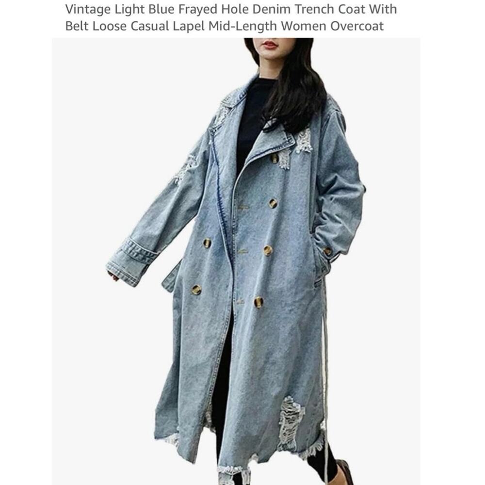 Amazon Vintage Light Blue Frayed Hole Denim Trench Coat With Belt